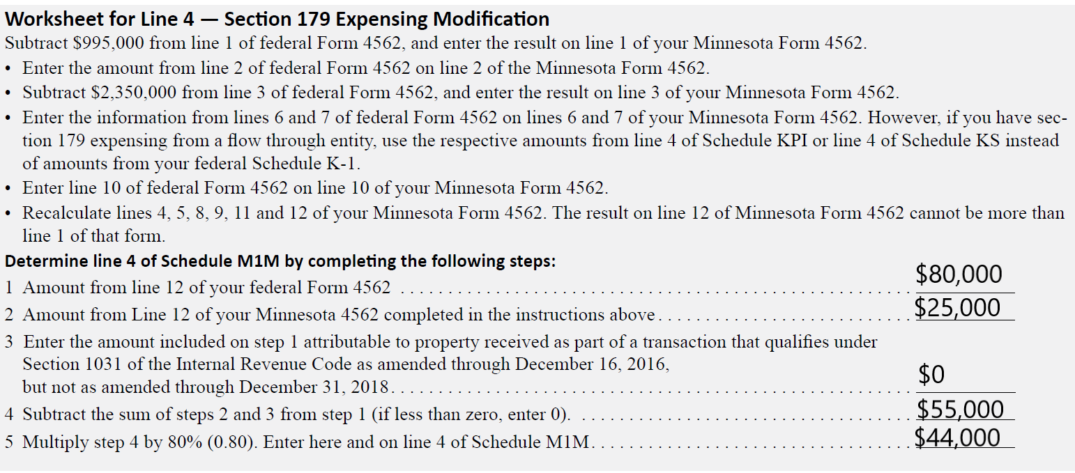 Section 179 Addback Example 1 Sole Proprietor Minnesota Department